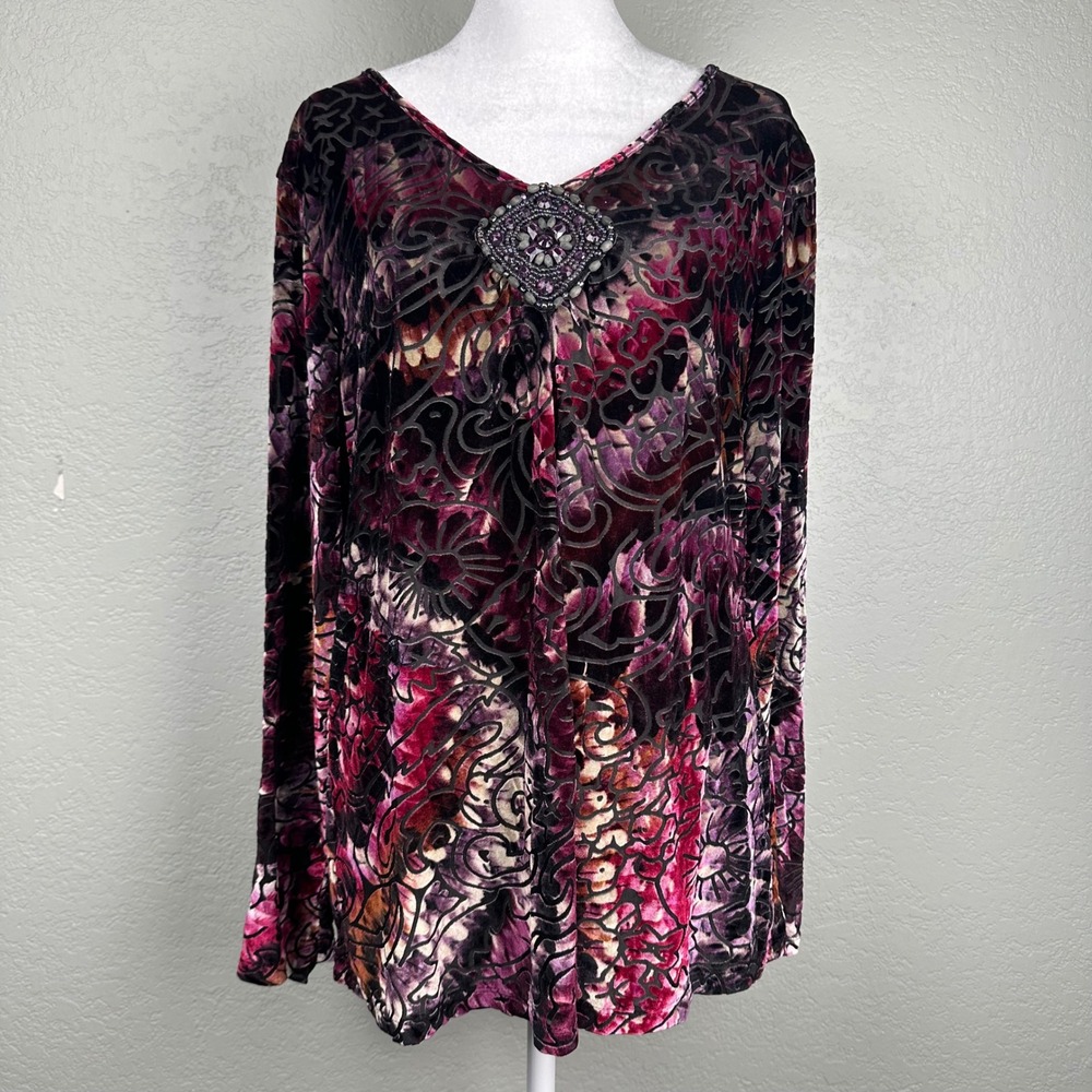 Vtg Velvet Burnout Top Women Size XL Beaded Floral Devore Whimsigoth Art to Wear